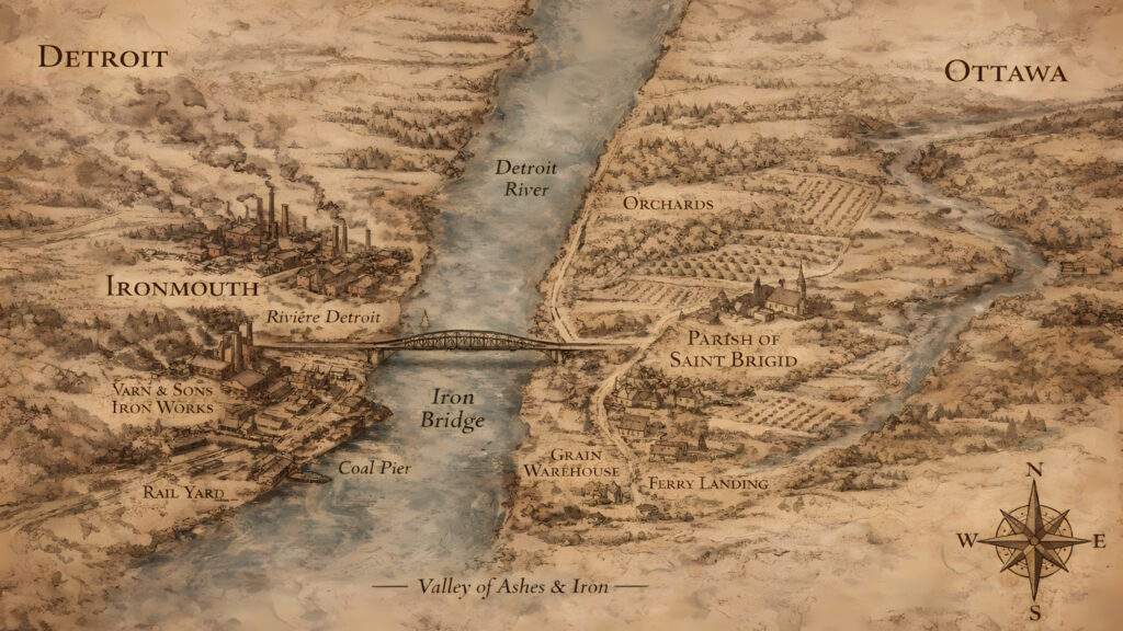 Vintage parchment map showing Ironmouth, Saint Brigid, the Detroit River, and the Varn & Sons Iron Works bridge crossing.