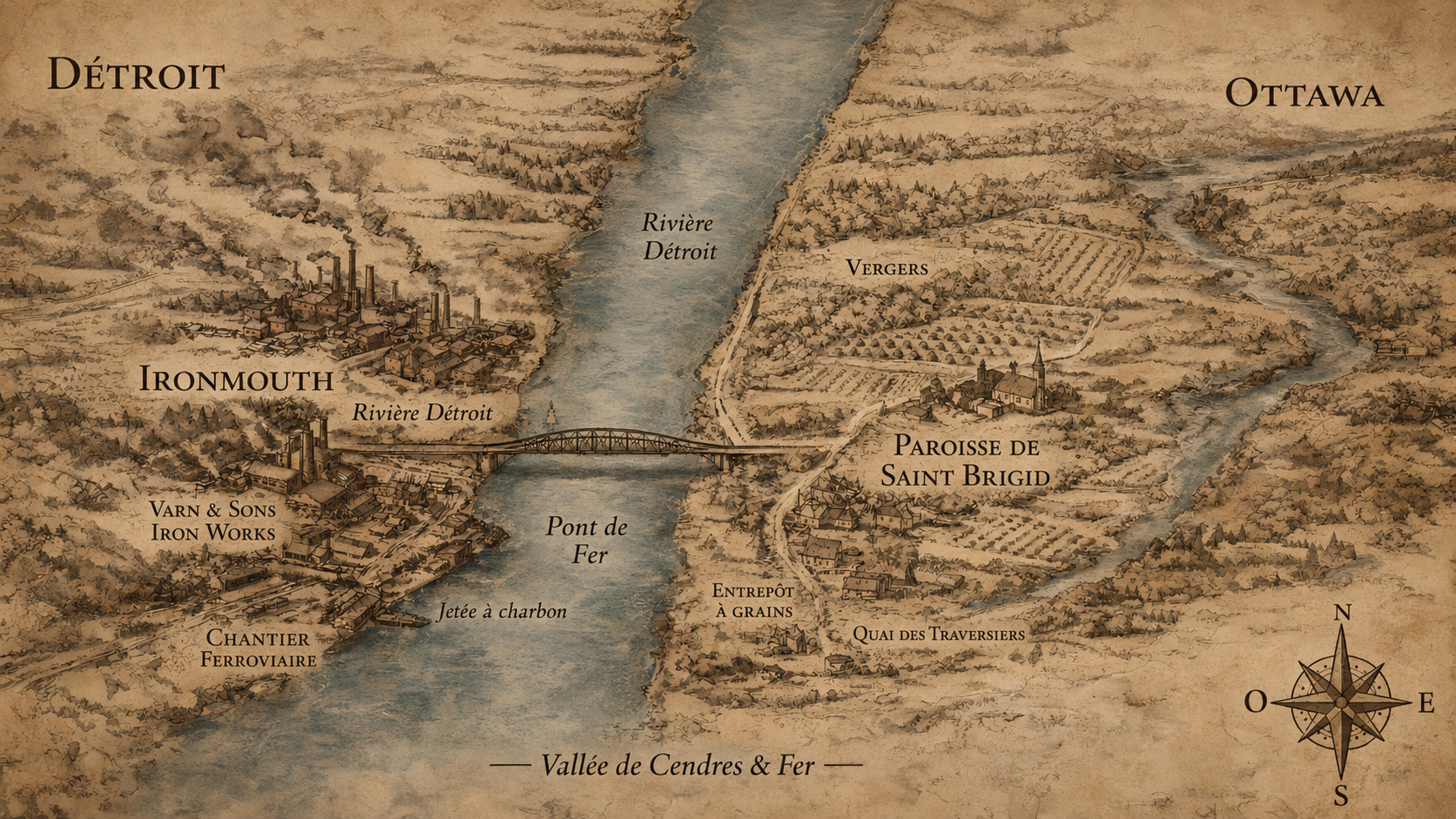 Carte ancienne sur parchemin montrant Ironmouth, Saint Brigid, la rivière Détroit et le pont reliant Varn & Sons Iron Works à l’autre rive.