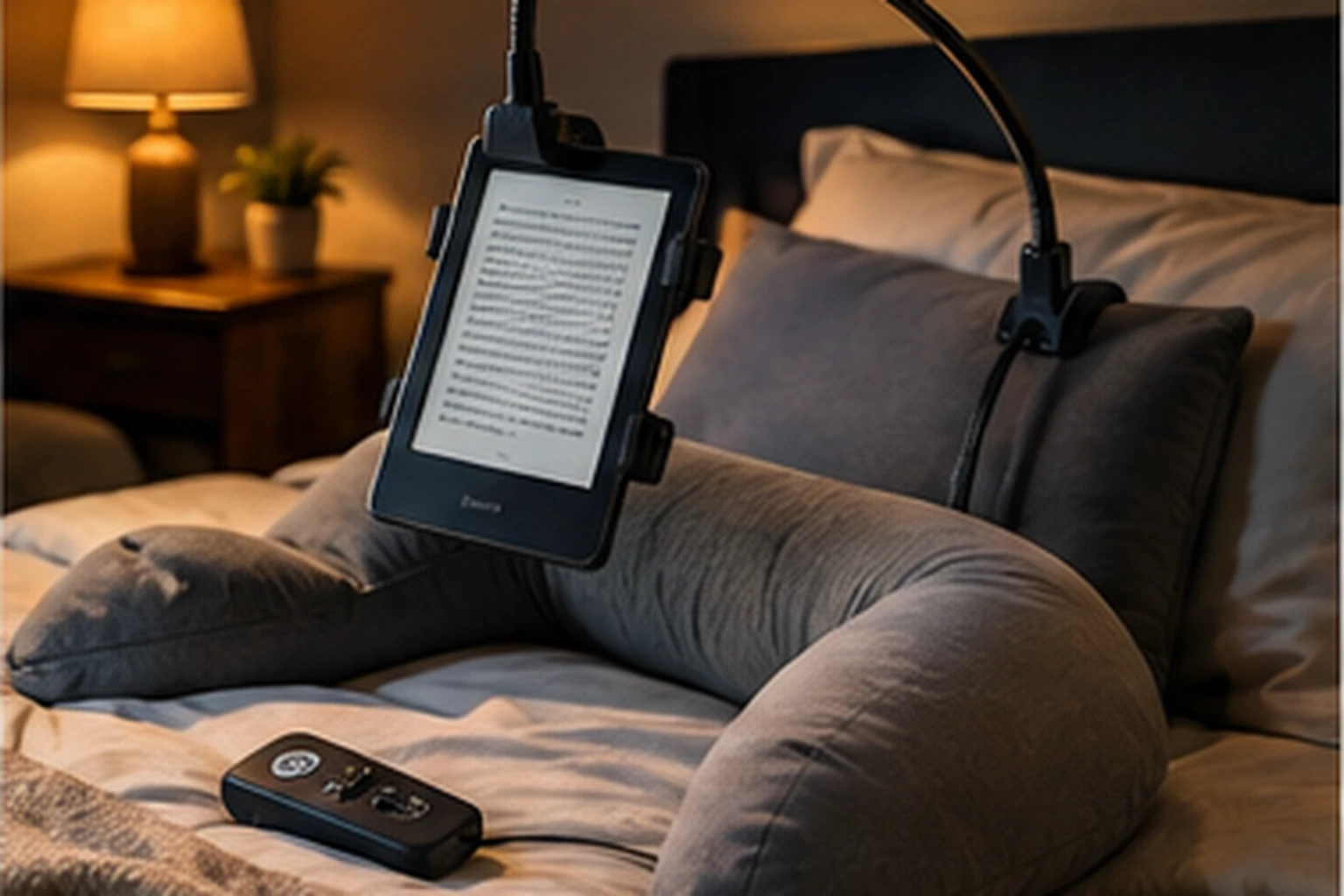 Hands-free eReader setup over a bed with a flexible holder, remote page turner and reading pillow.