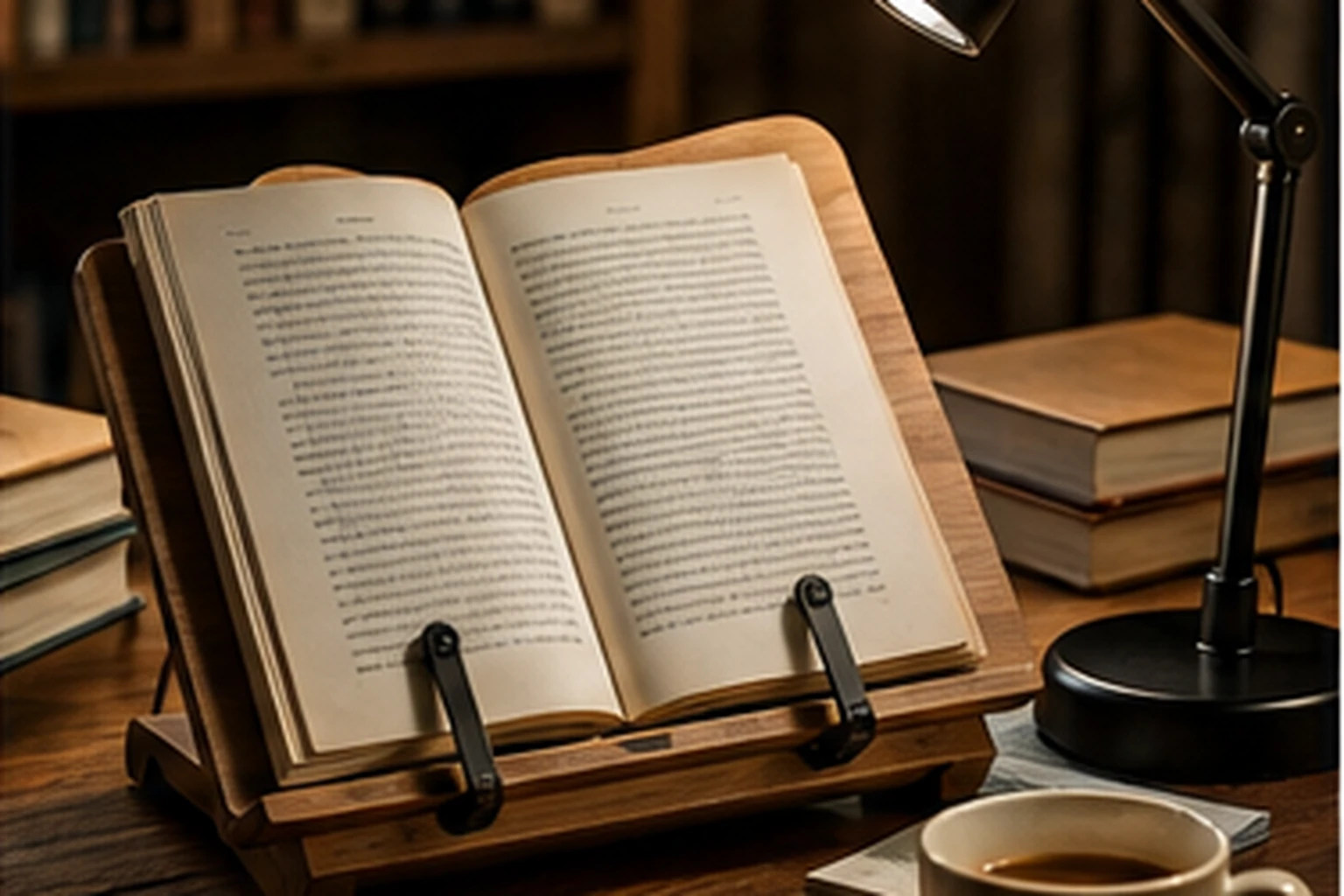 Open physical book on a wooden reading stand beside a lamp and coffee.