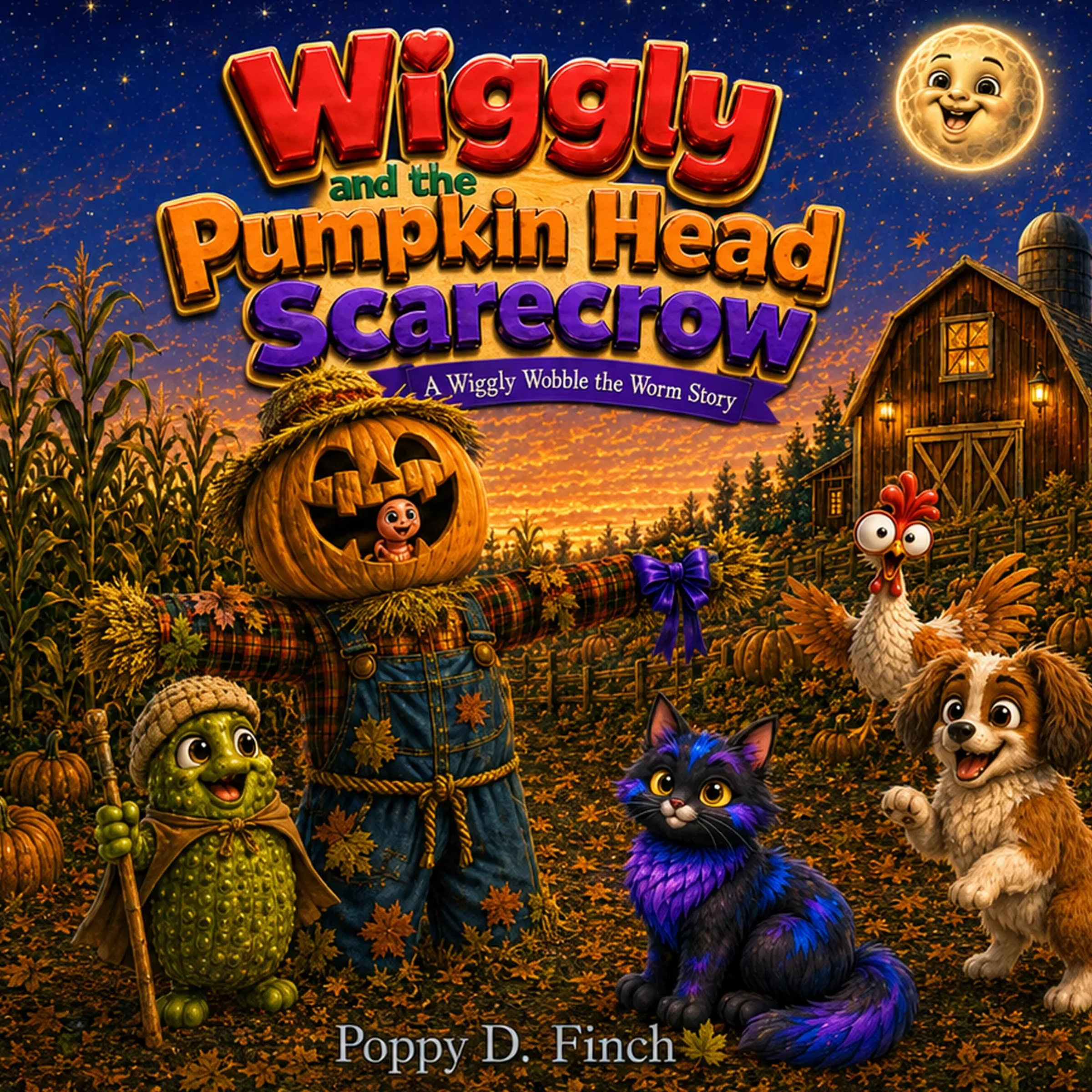 Cover of Wiggly and the Pumpkin Head Scarecrow by Poppy D. Finch, showing Wiggly inside a pumpkin-headed scarecrow with Midnight, Cookie, Mrs. Feather and Picklo on an autumn farm.