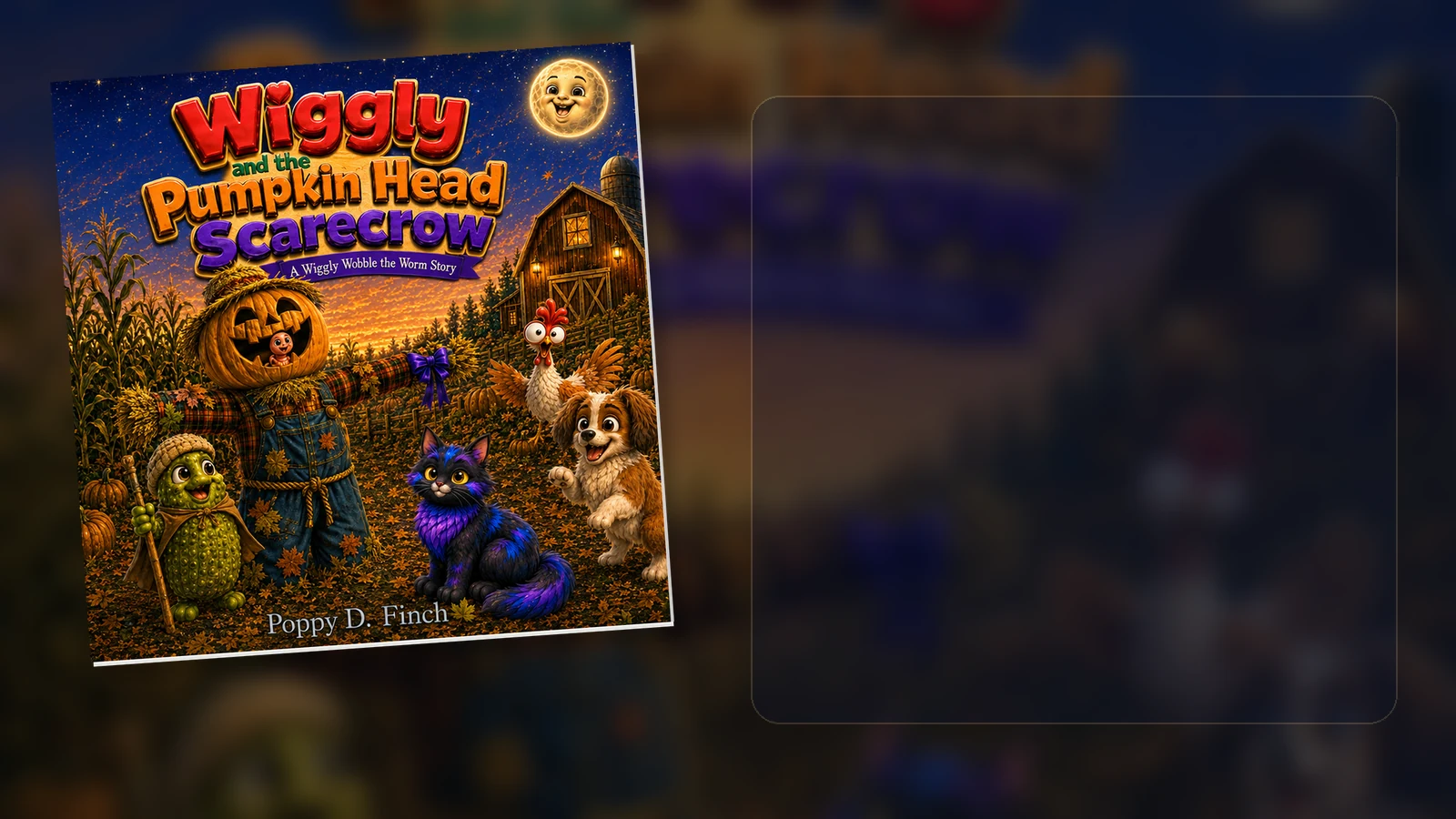 Promotional image for Wiggly and the Pumpkin Head Scarecrow with the book displayed on an autumn farm background and open space for release information.